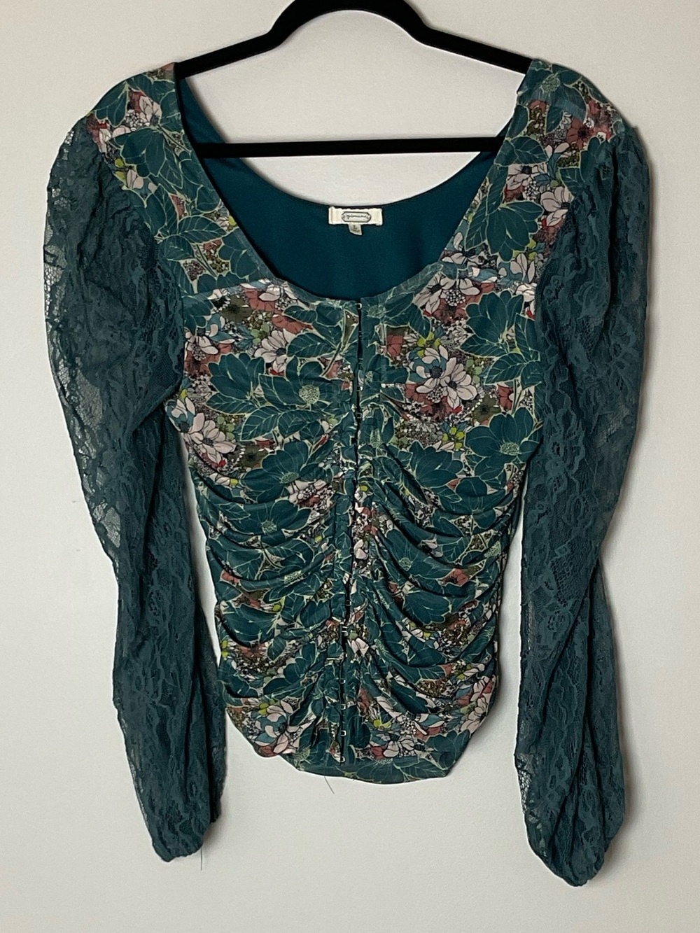 gimmicks by BKE Mesh Teal Floral Ruched Lace-Sleeve Blouse Boho Cottagecore Larg